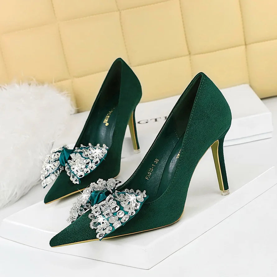Fashion Banquet High Heels Slim Heel Suede Shallow Mouth Pointed Rhinestone Bow Tie Single Shoes Women's Shoes