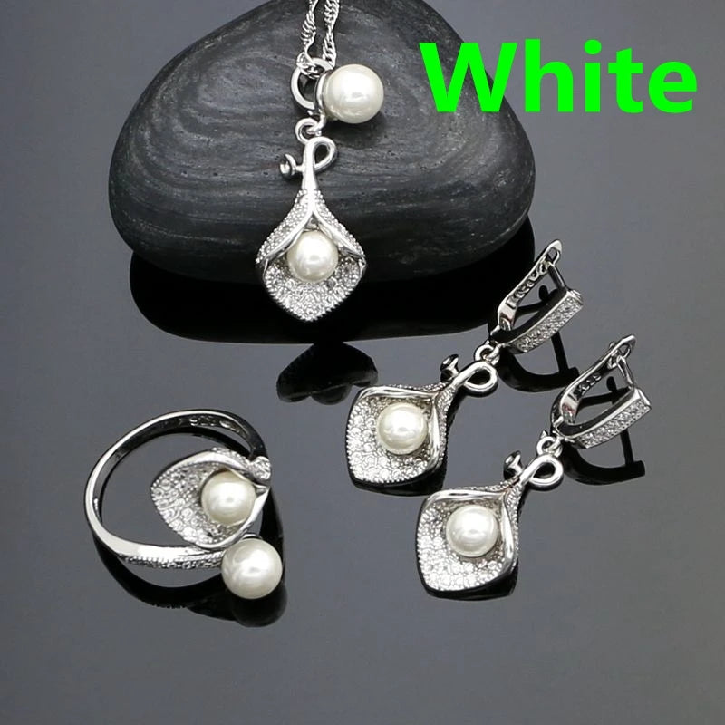 925 Silver Jewelry Sets For Women Party Accessories Blue Pearl Beads White Crystal Earrings Necklace Peandant Ring Set
