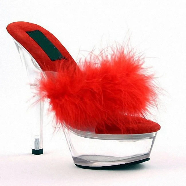 6 Inch Super High Heeled Shoes Clear Lace Sexy Fetish Outer Wear 15cm Models Party Cross Dressing Platform Feather Slippers