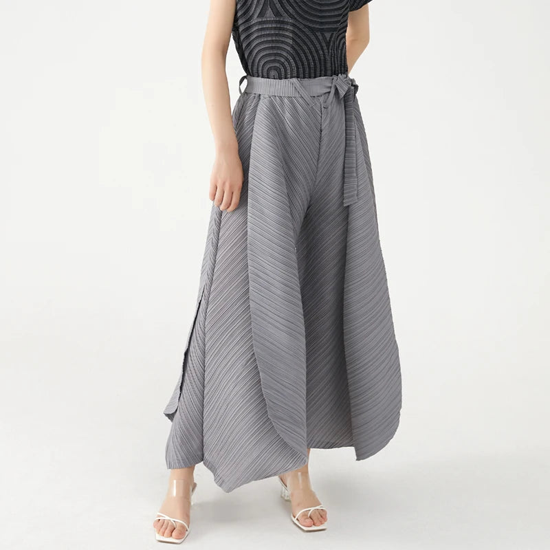 Miyake Pleated Wide Leg Loose Pants Stitching Casual Big Trousers Women Summer Dubai Designer Fashion Belt Aesthetic Clothes