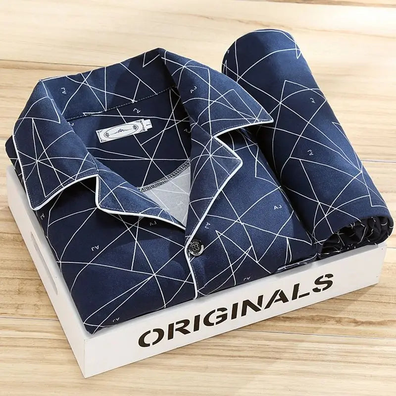 100% High-end Pajamas Men's Spring Autumn Striped Long-sleeved Trousers Pijamas Two-piece 2025 New Loose Nightwear Homewear Set