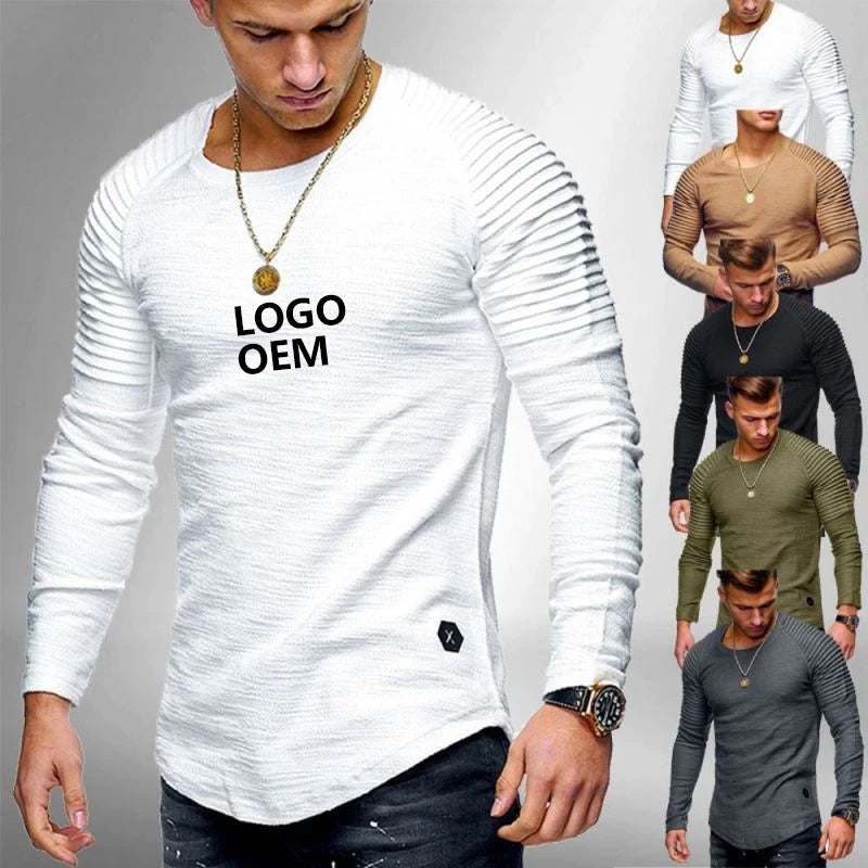 Pleated Long Sleeves Crew Neck Compression Slim Fitted Shirts Quick Dry Custom Men Gym Muscle Training Fitness T Shirt With Logo