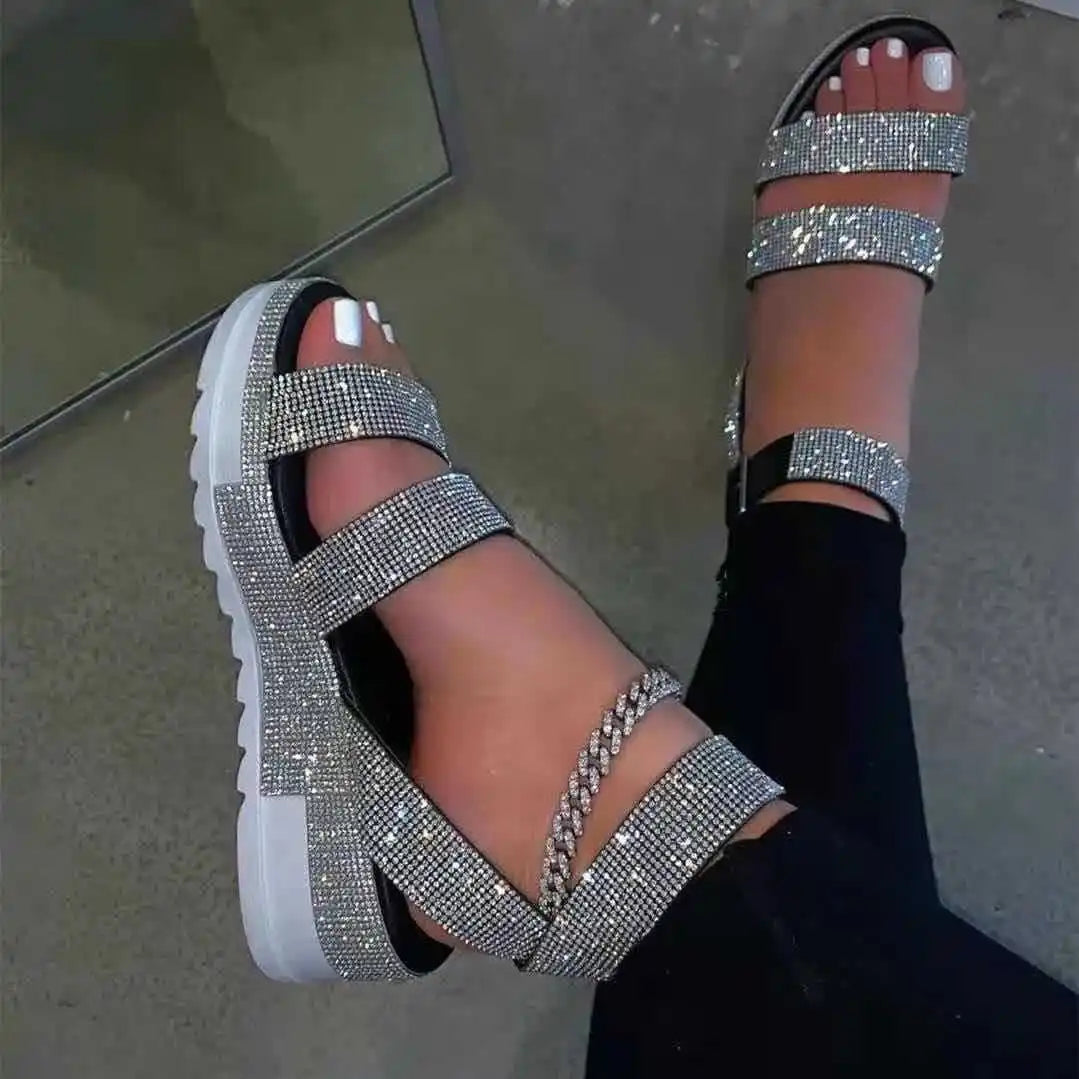 Fashion Silver Rhinestone Shiny Crystal Glitter Platform Sandals Women Slide Slippers Round Anti-slippery Flat Sandals