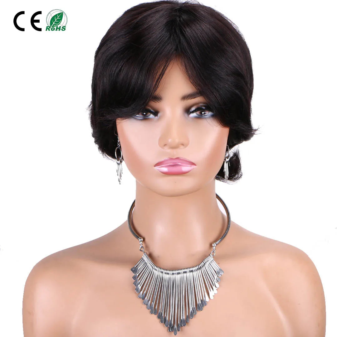 6 Inch Soft Natural Wave for Pixie Wig 100% Raw Indian Virgin Human Hair Easy Wear 6 Colors to Choose Full Machine-Made