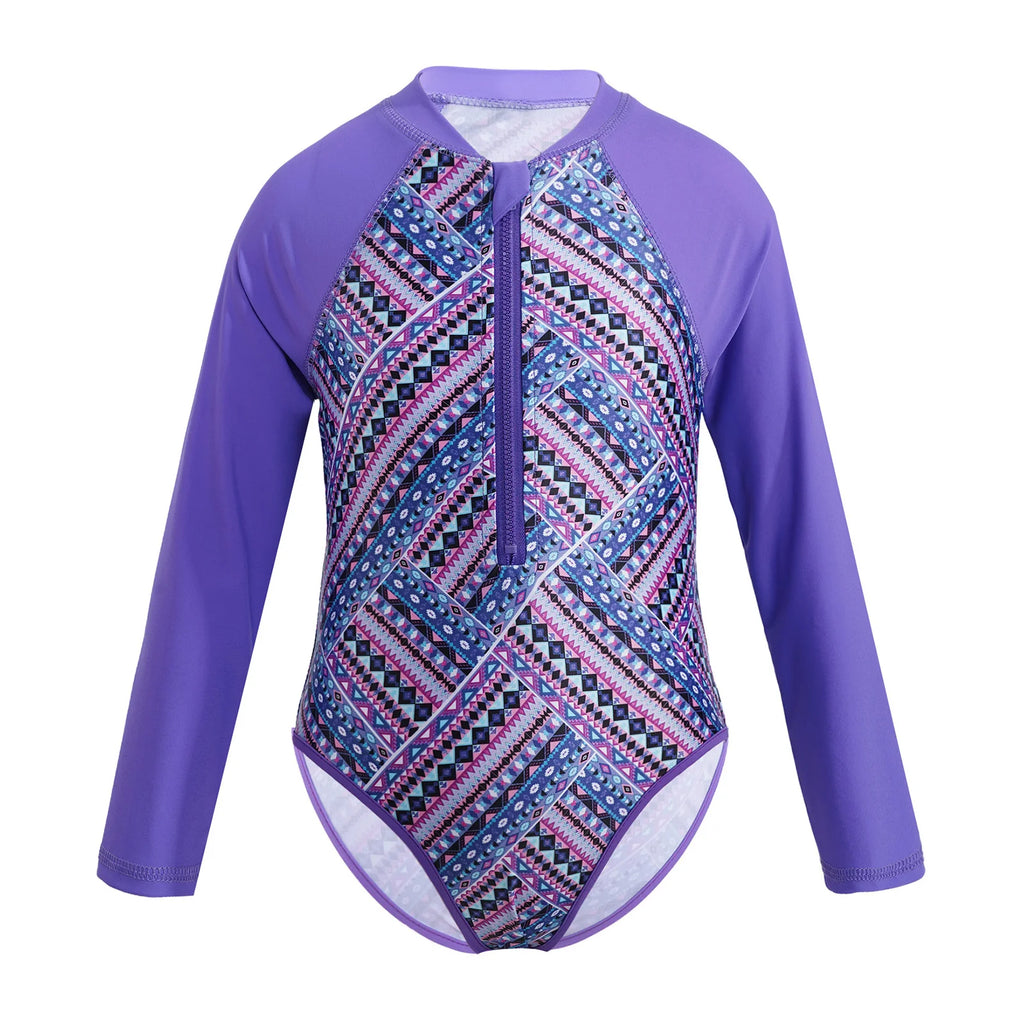 Kids Girls One-piece Swim Suits Brazilian Beachwear Long Sleeves Palm Printed Zippered Swimsuit Swimwear Bathing Suit Rash Guard