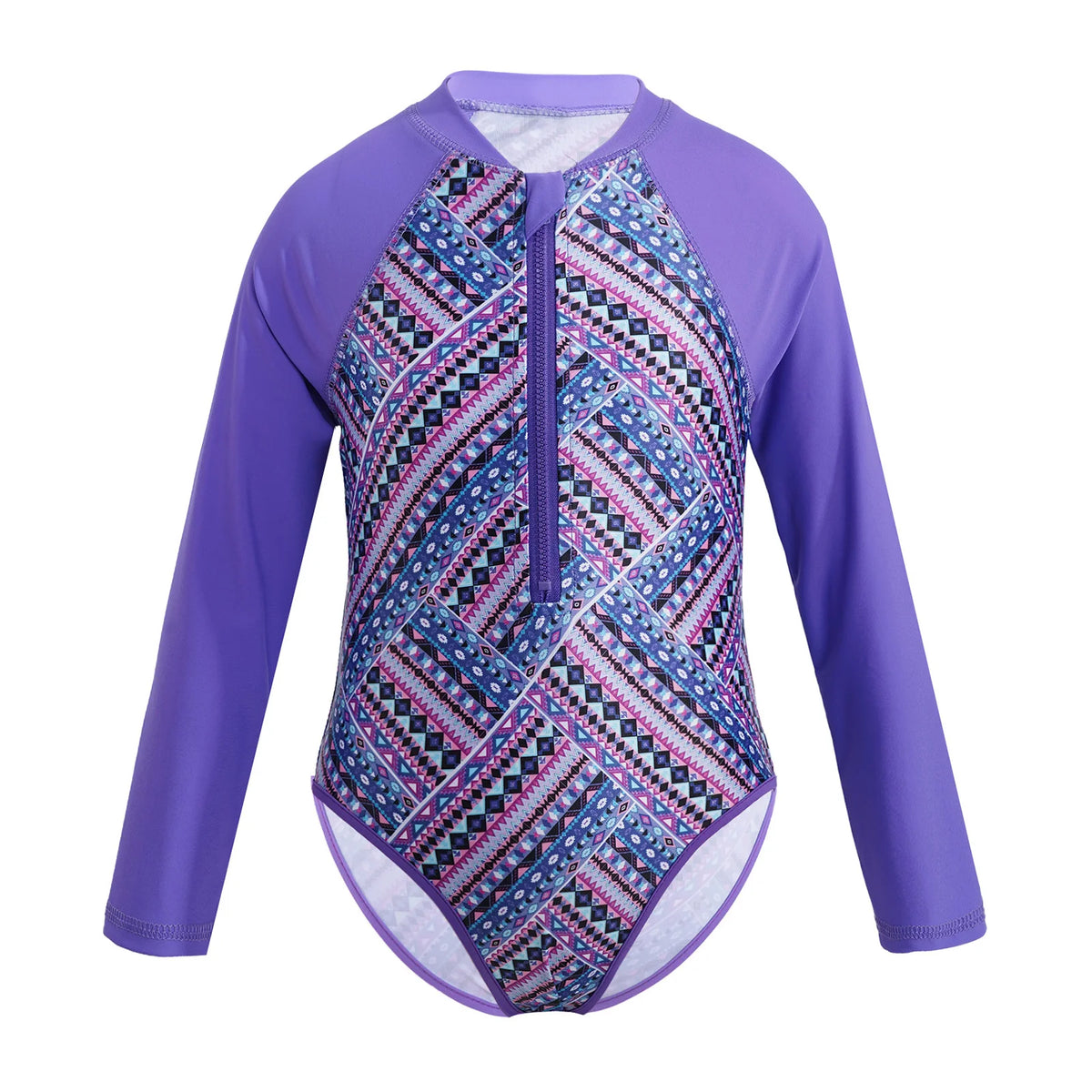 Kids Girls One-piece Swim Suits Brazilian Beachwear Long Sleeves Palm Printed Zippered Swimsuit Swimwear Bathing Suit Rash Guard