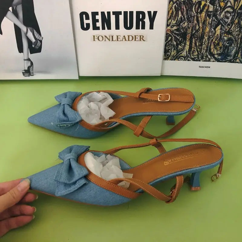 Korean Style Zapatos Luxury 2025 Slingback Fashion Shoes Pointed Heels Women's Pumps Para Damas Bow Thin Heels D'orsay Pumps PU