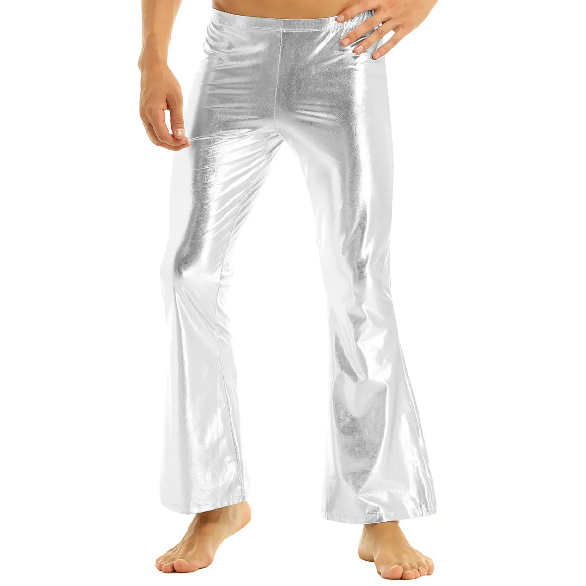 Mens Shiny Metallic 70s Disco Flared Pants Hippie Vintage Hip Hop Carnival Performance Costume Sequins Bell Bottoms Trousers