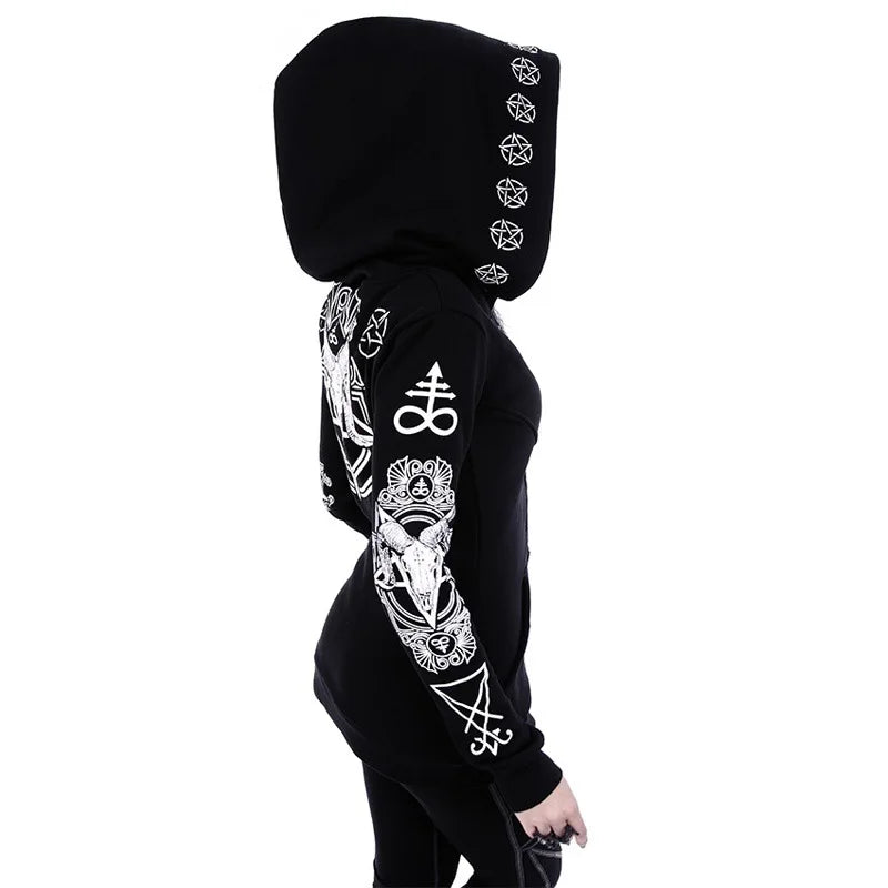 Irregular Black Punk Hoodie with Sheep Head and Moon Print Hoodie