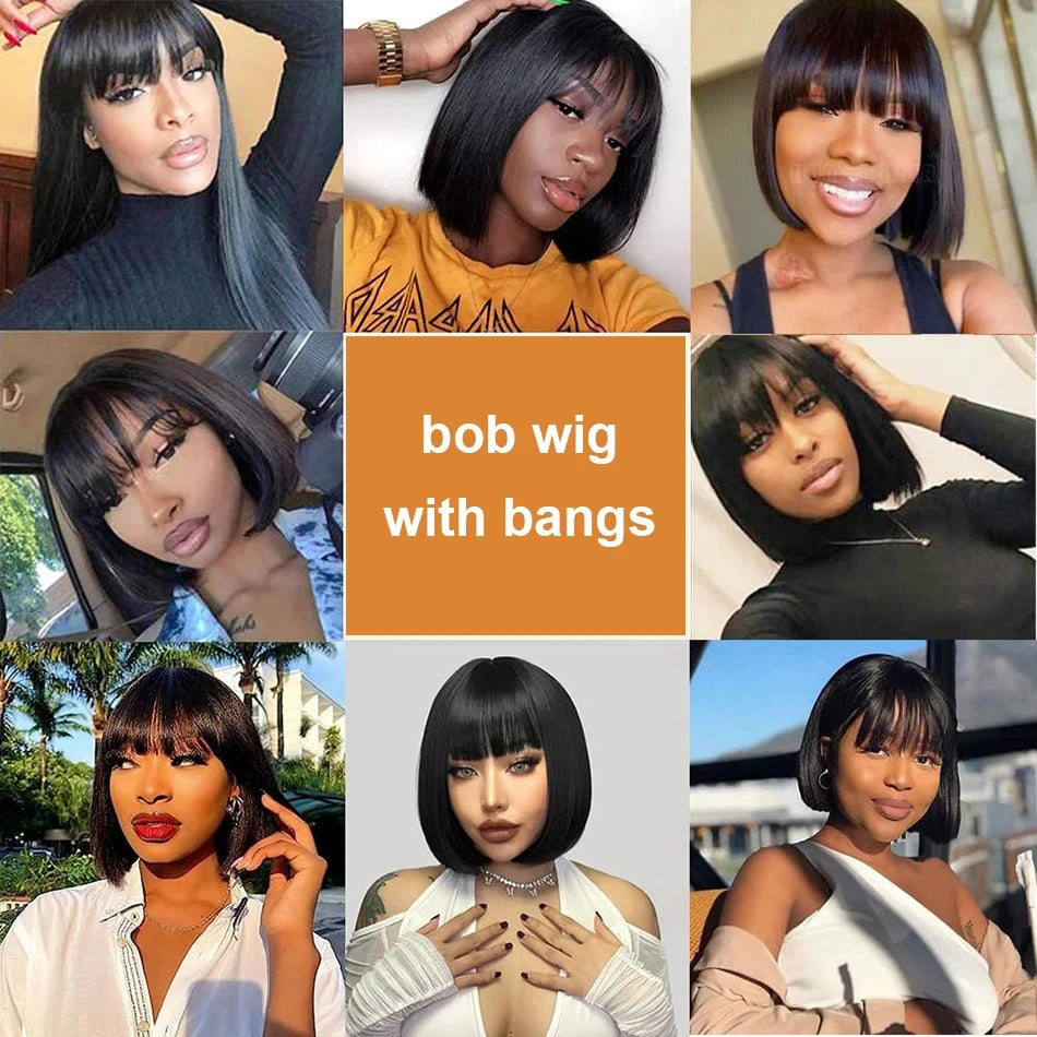 3X1 Full & Short Bob Wig Glueless Brazilian Human Hair Machine Made Bone Straight with Bangs for Women