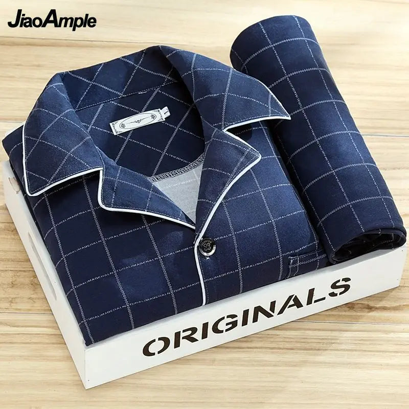 100% High-end Pajamas Men's Spring Autumn Striped Long-sleeved Trousers Pijamas Two-piece 2025 New Loose Nightwear Homewear Set