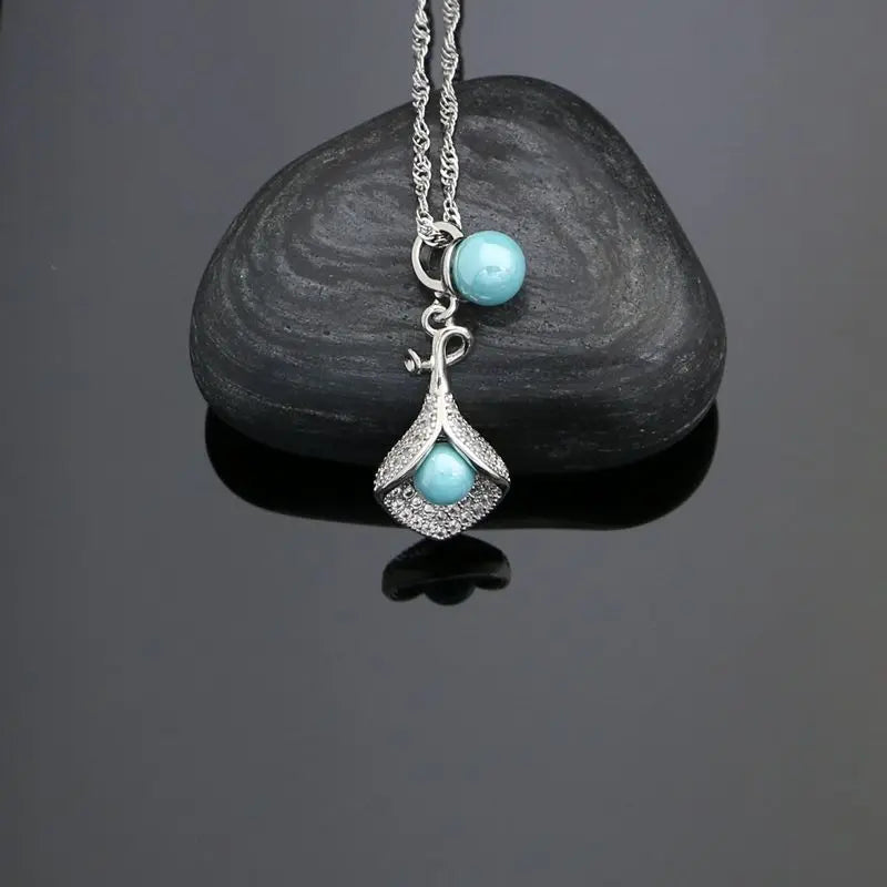 925 Silver Jewelry Sets For Women Party Accessories Blue Pearl Beads White Crystal Earrings Necklace Peandant Ring Set