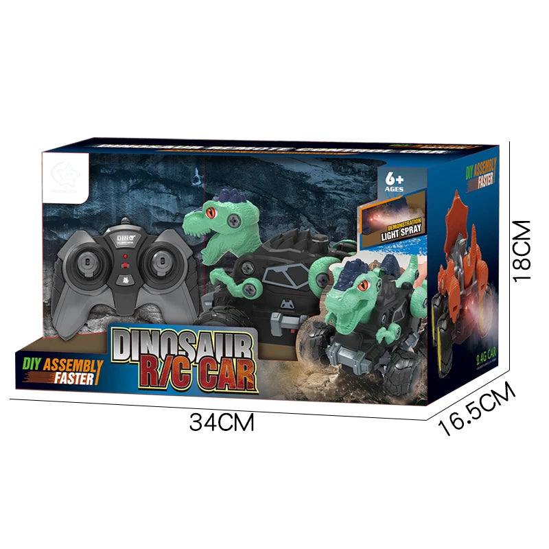 2.4Ghz Remote Control 4WD Dinosaur Spraying Vehicle Disassembly Assembly Toys Flashing Light RC Car Models for Kid Adult