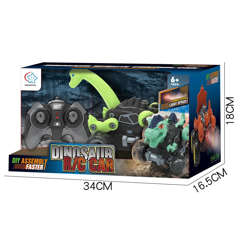 2.4Ghz Remote Control 4WD Dinosaur Spraying Vehicle Disassembly Assembly Toys Flashing Light RC Car Models for Kid Adult