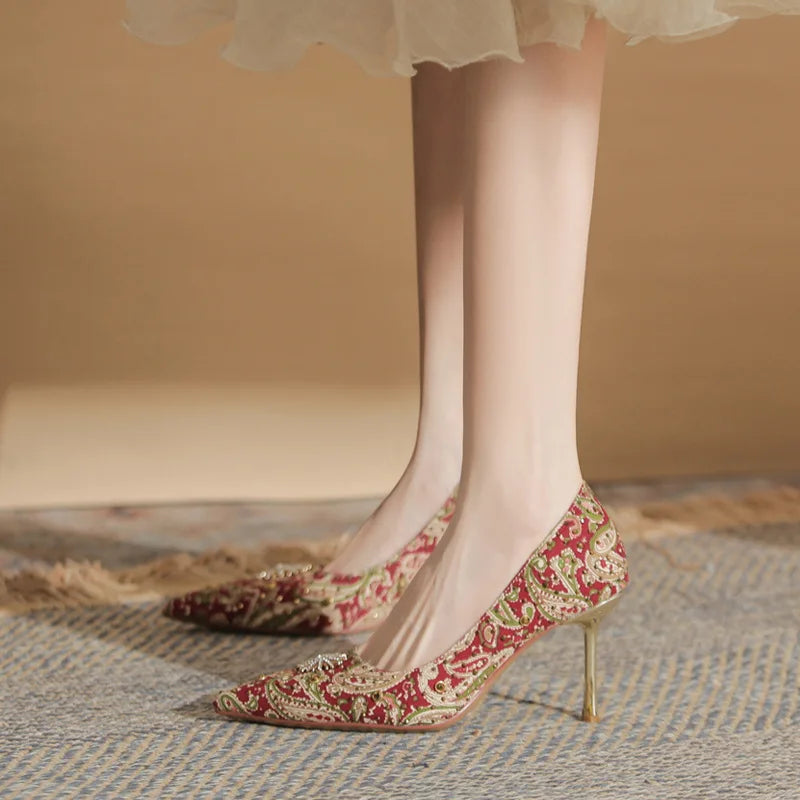 Rivet Stiletto Shoes Wedding Shoes Bridesmaid Wedding Shoes Women's New Shallow Mouth Women's High Heels Rhinestone Women