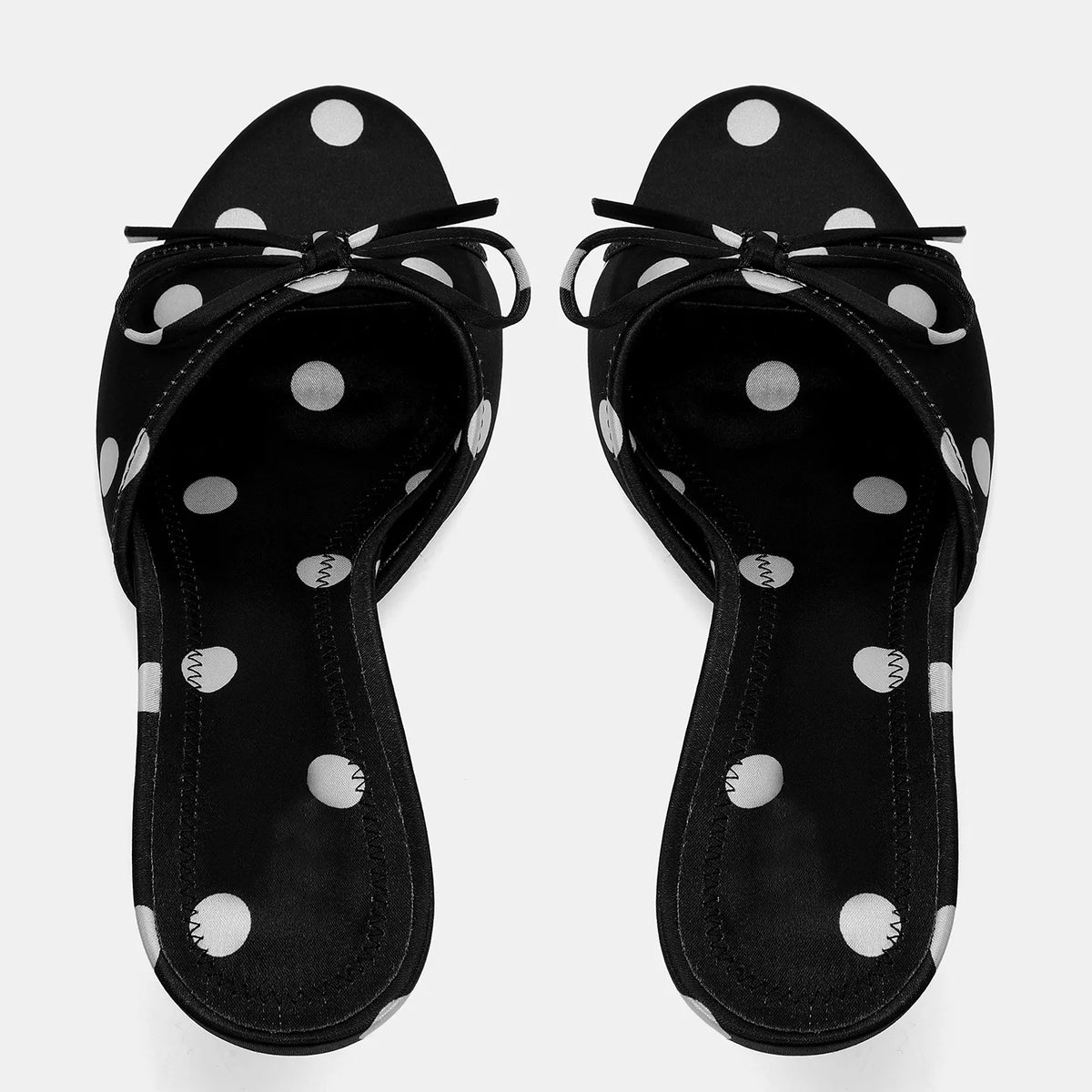 Summer Style Women's Silk Satin Shoes Bow Decoration Black White Polka Dot Open-Back High Heel Sandals Shallow