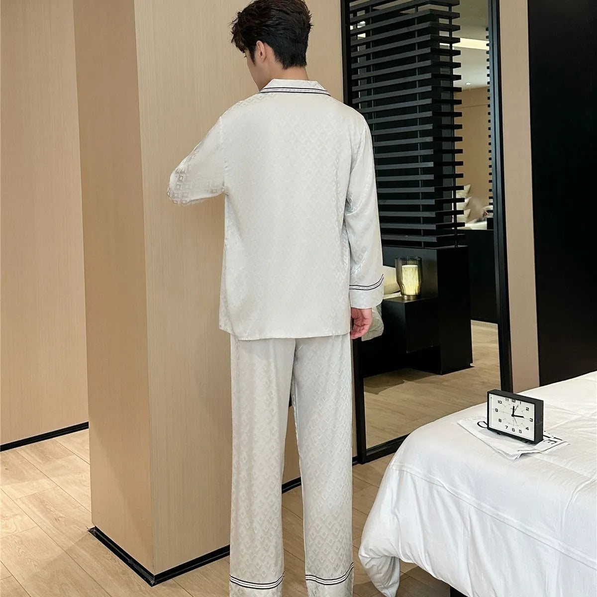 Autumn Men Silk Pajamas Satin Long Sleeve Trousers Home Wear Solid Color Jacquard Plus Size Sleepwear Boy's Thin Casual Pyjamas