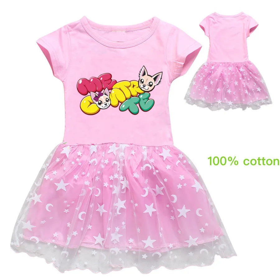 Fashion Me Contro Te Kids Clothes Knee-Length Dresses Cute Cotton Gauze Full Dress Teenagers Cartoon Baby Girls Party Clothing