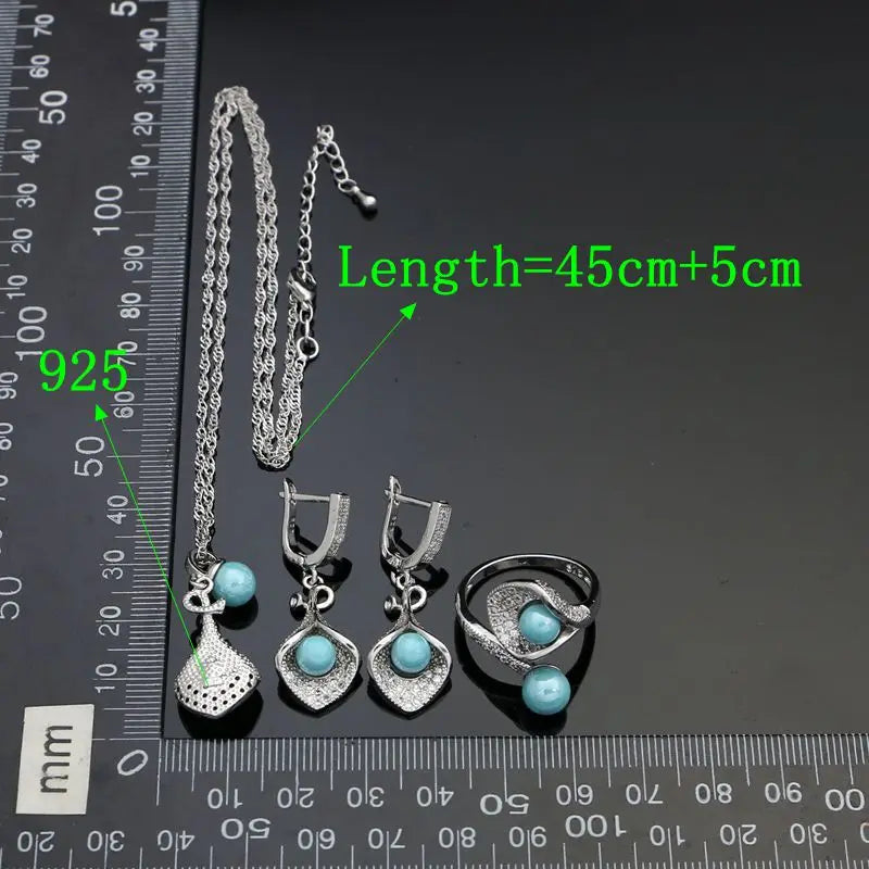 925 Silver Jewelry Sets For Women Party Accessories Blue Pearl Beads White Crystal Earrings Necklace Peandant Ring Set