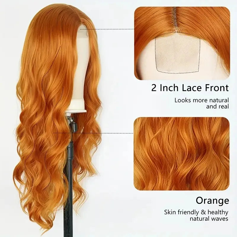 Synthetic Lace Front Wig for Women, Ginger Orange Long Curly Wavy Middle Part High Temperature Fiber Wig