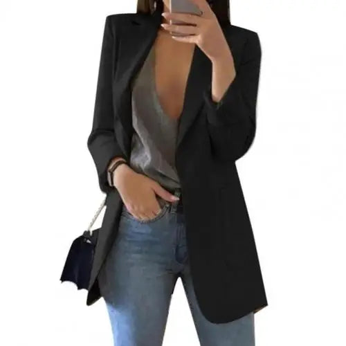 Summer Women Jacket Lapel All match Open Front Stylish Office Lady Slim Suit Overcoat Solid Color Long Blazer