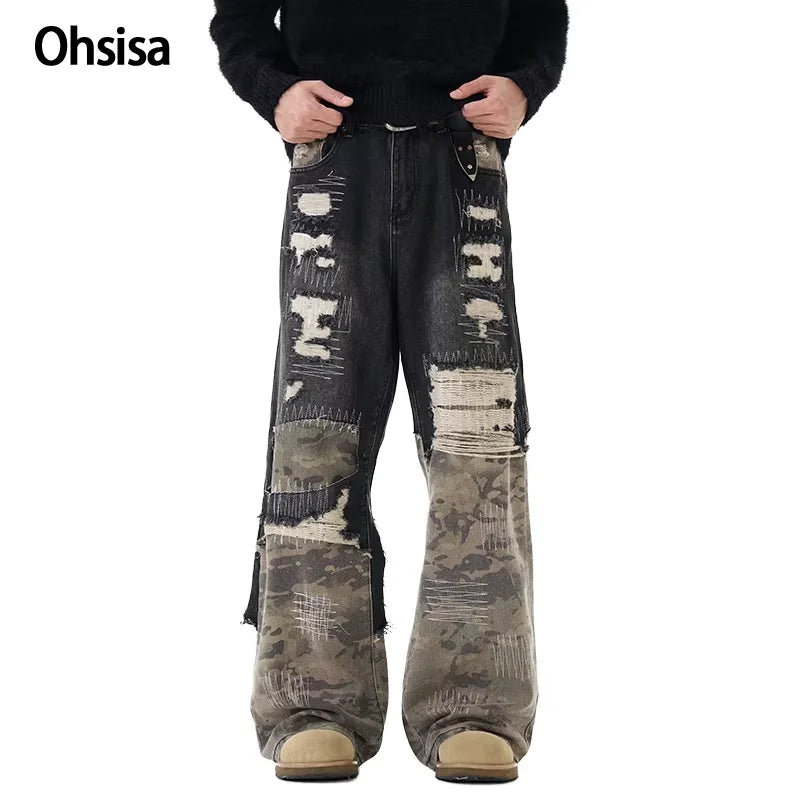 Ohsisa 2025 Trendy Men's Street Heavy Industry Denim Trousers High Old Design Patchwork Washed Technique for Men Women