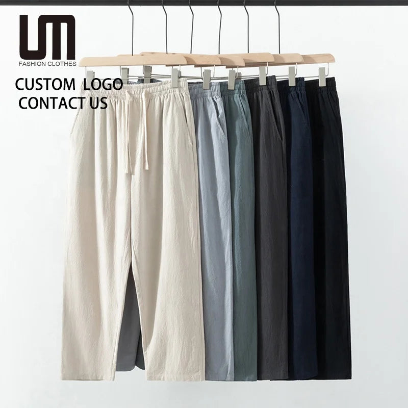 Liu Ming New Arrivals Spring Summer Men Casual Drawstring Solid Color Cotton Linen Pants Trending Trousers