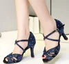Blue 7.5cm Heel Strap Salsa Latin Shoes Satin Ballroom Tango Cha Cha Dancing Shoes Suede Sole Sandals for Women