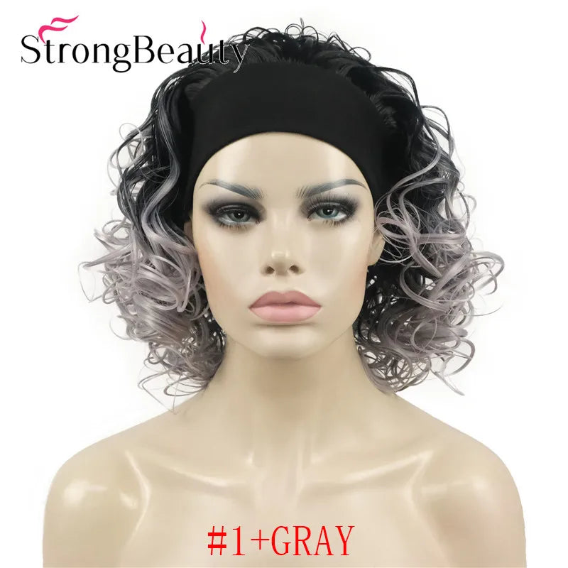 StrongBeauty Short Curly Synthetic Wigs with Headband Women Blue/Gray/Black/Red/Blonde/Brown Wigs 3/4 Half Wig for Lady