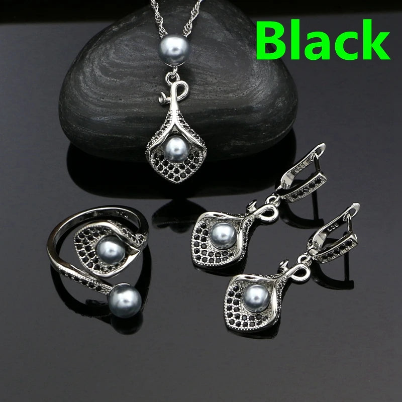 925 Silver Jewelry Sets For Women Party Accessories Blue Pearl Beads White Crystal Earrings Necklace Peandant Ring Set