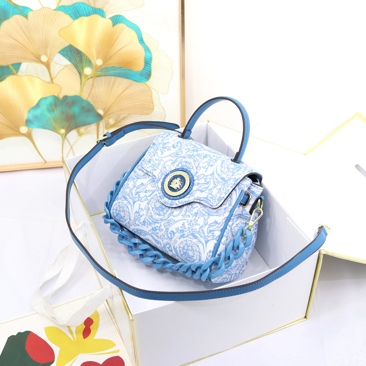 Ladysky Top Product Quality Fabric Handbag for Women Acranged Chain Head Female Bag Fashion Designer Bag with Boxes 24 cm