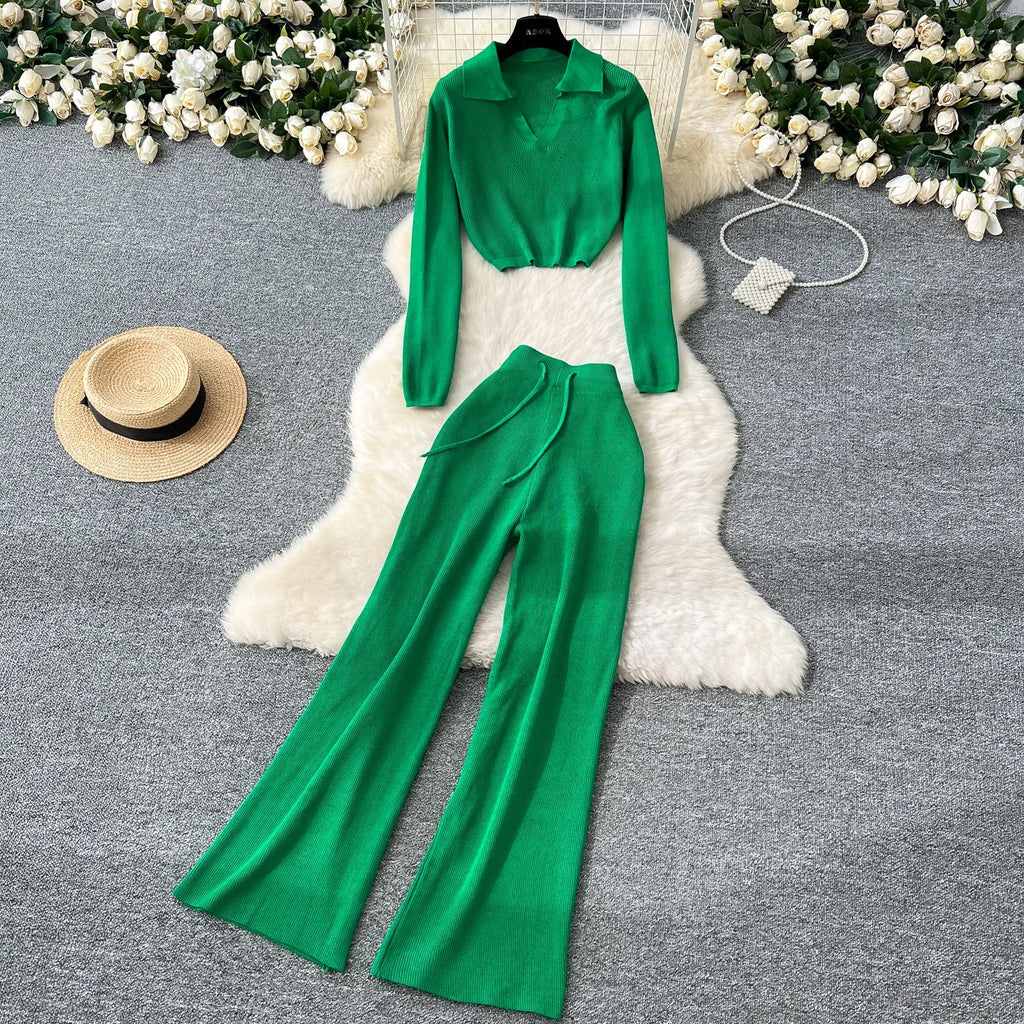 Fashion Sweater Set Women's Loose Casual Retro Lapel Short Long-sleeved Sweater Women's High-waisted Wide-leg Pants