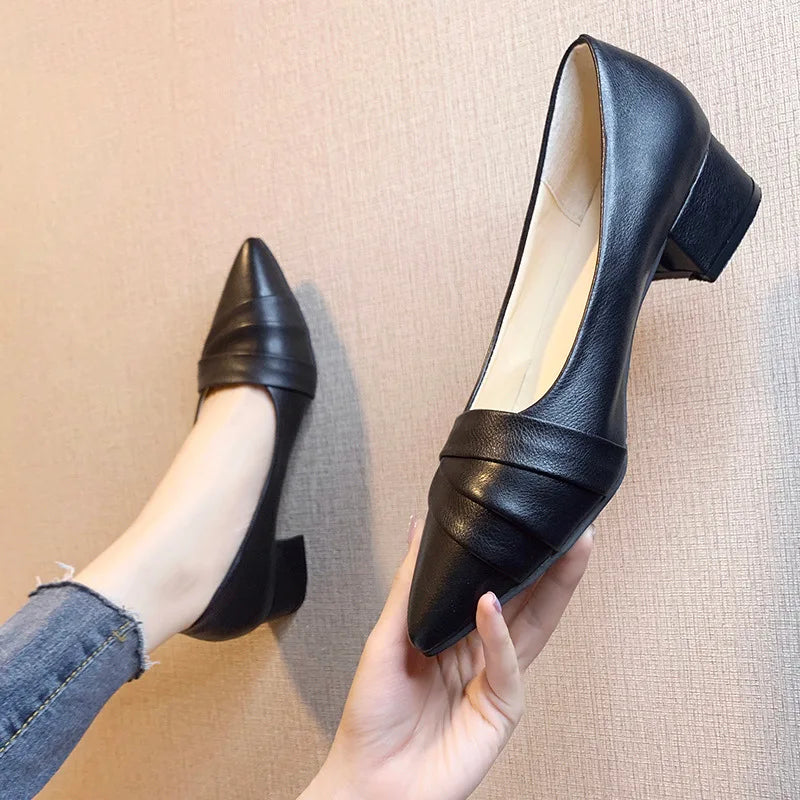 Women's Business square Heel Shoes Pointed Thick Heel Small Leather Shoes Four Seasons Elegant Formal Fashion High Heels