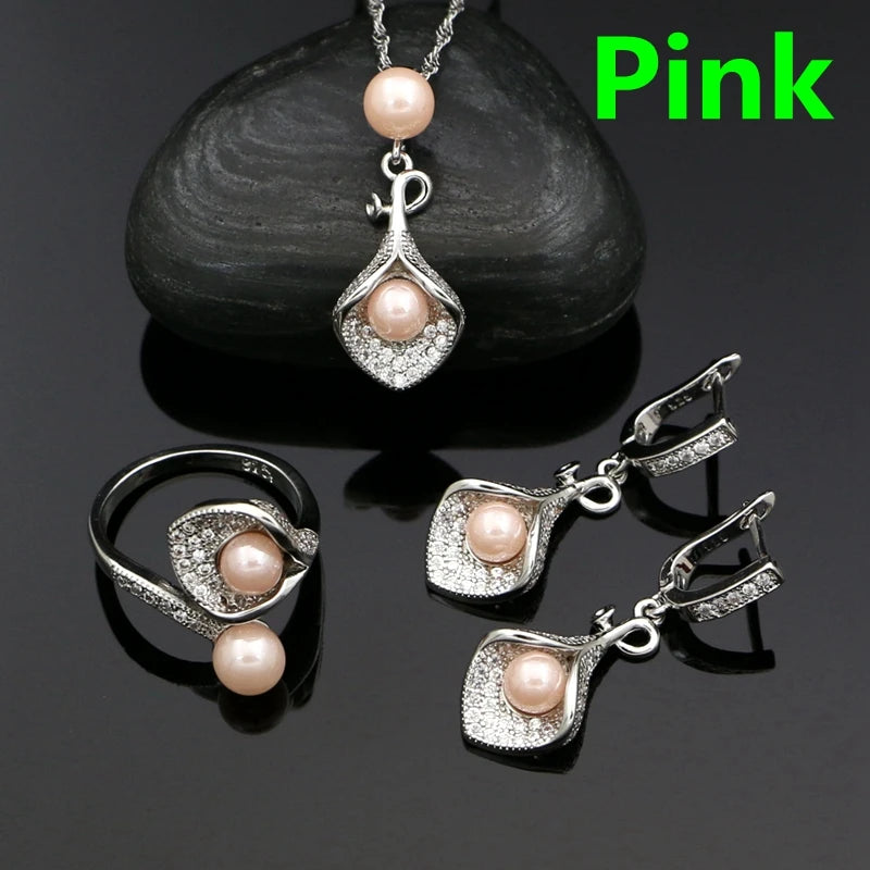 925 Silver Jewelry Sets For Women Party Accessories Blue Pearl Beads White Crystal Earrings Necklace Peandant Ring Set
