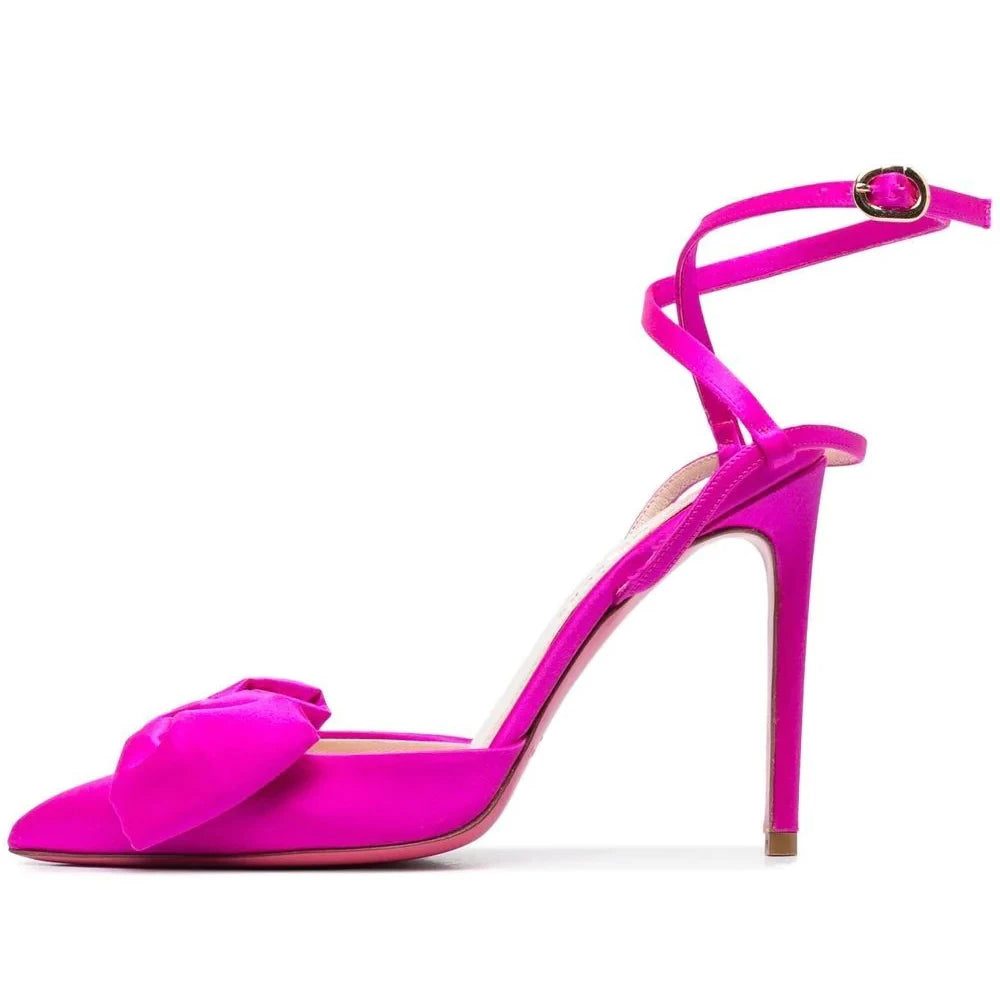 Elegant Hot Pink Satin High Heels Women's Pointed Toe Bow Shoes Stilettos Party Pumps for Female Strappy Heels