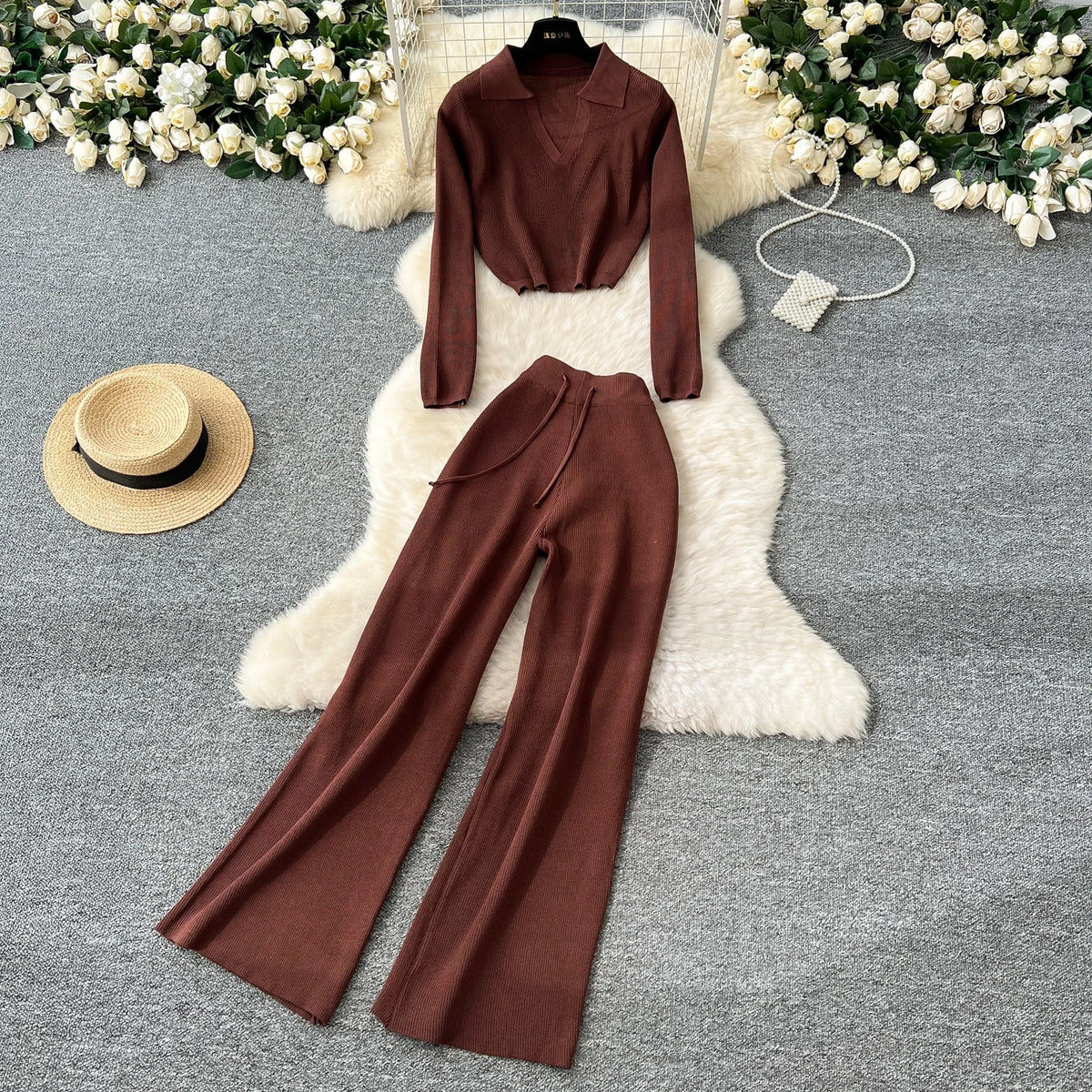Fashion Sweater Set Women's Loose Casual Retro Lapel Short Long-sleeved Sweater Women's High-waisted Wide-leg Pants