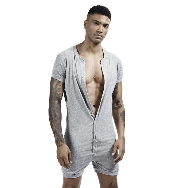 Men's Comfortable Solid Color One-Piece Pajamas with Snap Buttons Super Elastic Sleepwear Jumpsuit for Home
