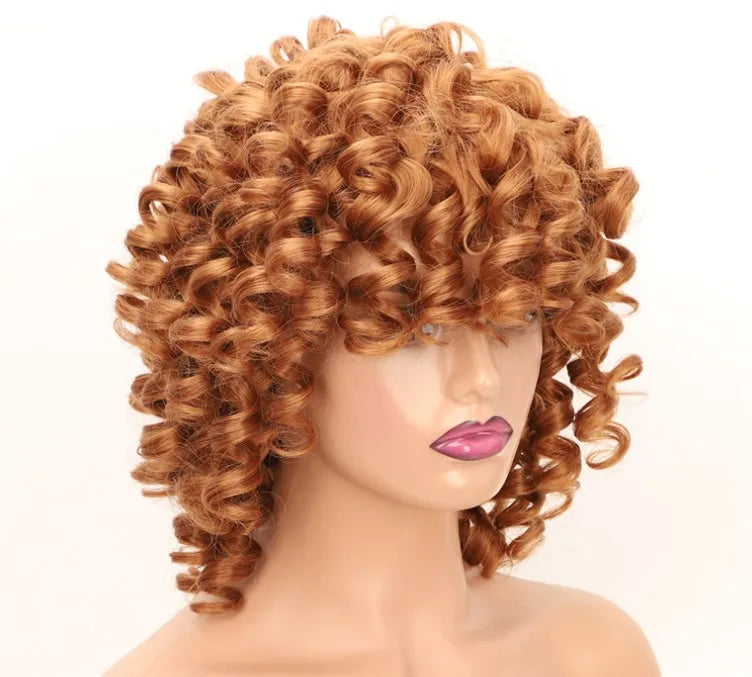 Synthetic  With Bangs Black Red Hair Shoulder Length Heat Resistant Fiber for Africa America Black Women  Afro Kinky Curly Wig