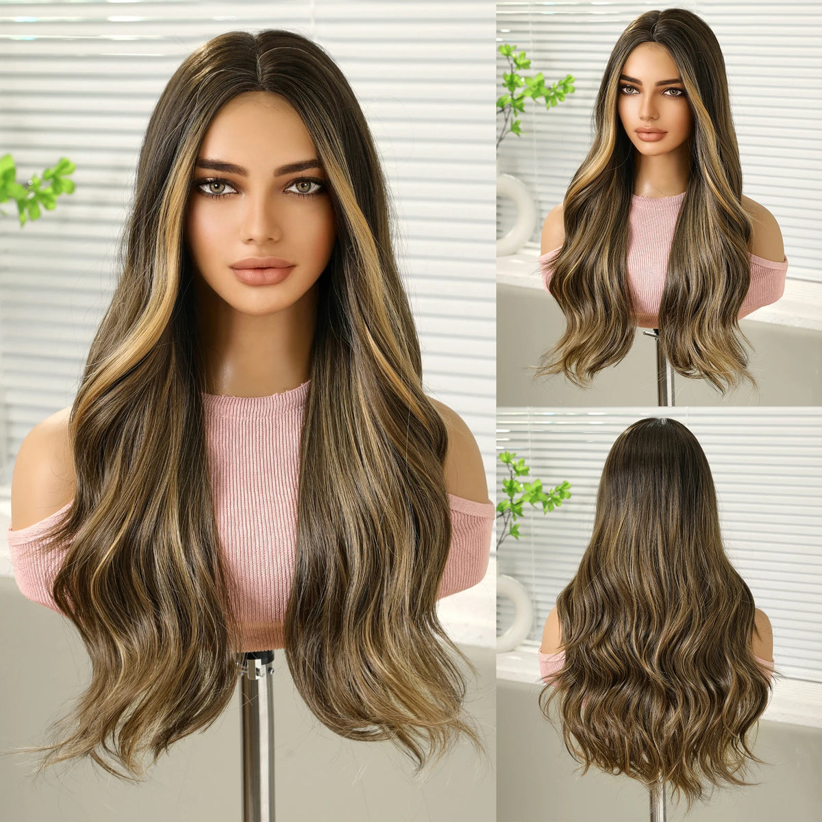 26inch Synthetic Fiber Wig Factory Natural Wavy Blonde with White Highlights Ombre Water Wave Wig with Elastic Cap Real Photo