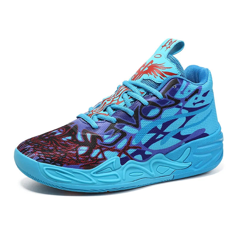 Men Professional Basketball Shoes High Top Athletic Sneakers Mesh Shock Absorption Blue Red Flame Graphic Training Footwear