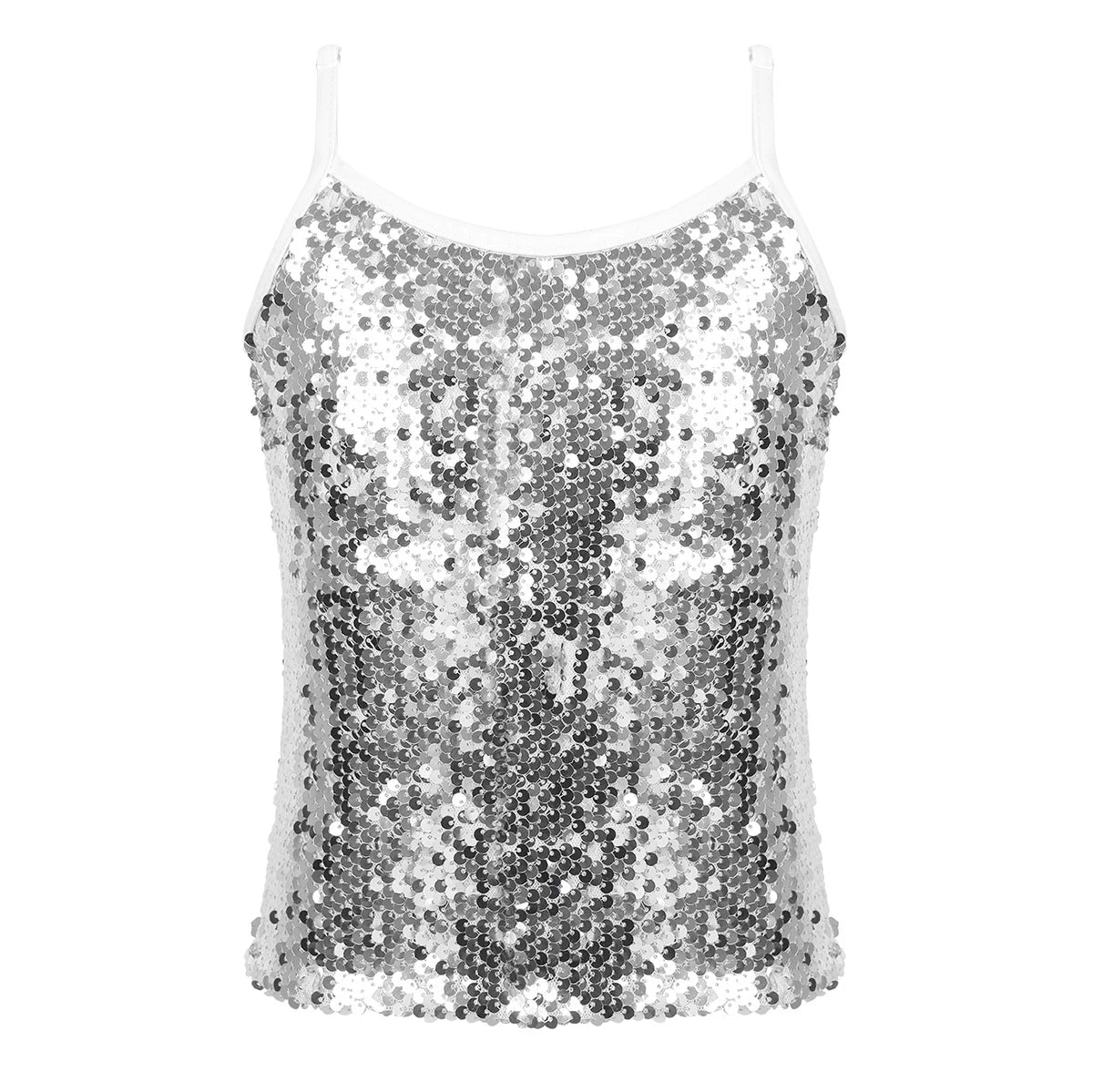 Kid Girl Sparkly Sequin Camisole Hip Hop Jazz Dance Tank Tops Spaghetti Straps Workout Gymnastics Vest Shirt Performance Costume