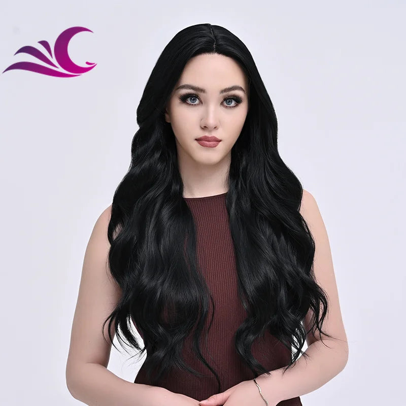 Highlight Mix Ice Blonde Ombre Colorful Middle Part Wig Long Wavy Pre-Plucked Synthetic Lace Front Wig
