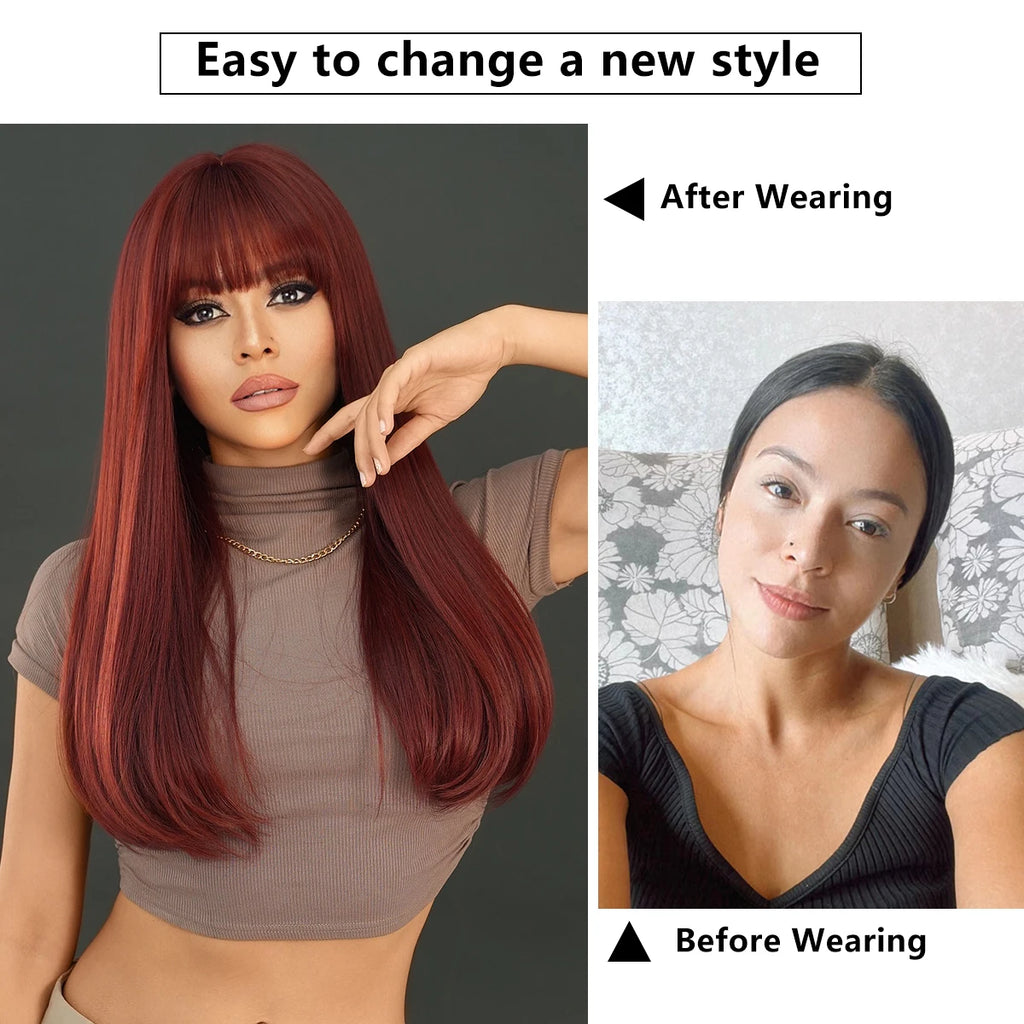 Burgundy Wine Red Wigs for Women Long Straight Wig with Bangs Natural Fashion Soft Cabello Natural Peluca