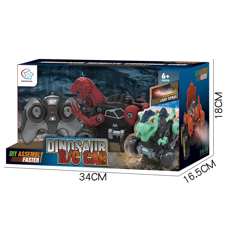 2.4Ghz Remote Control 4WD Dinosaur Spraying Vehicle Disassembly Assembly Toys Flashing Light RC Car Models for Kid Adult