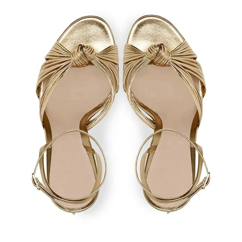 Gold PU Leather Stylish Knot Ankle Strap Elegant High Top Open Toe High Heels Party Shoe Summer Sandals Plus Height Increasing