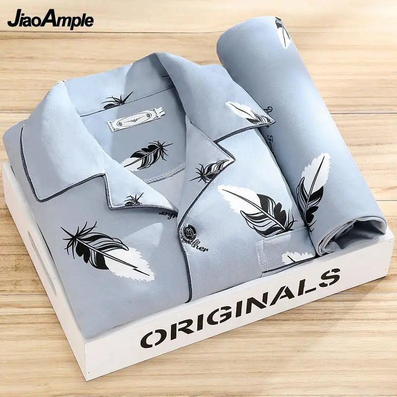 100% High-end Pajamas Men's Spring Autumn Striped Long-sleeved Trousers Pijamas Two-piece 2025 New Loose Nightwear Homewear Set