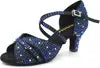 Blue 7.5cm Heel Strap Salsa Latin Shoes Satin Ballroom Tango Cha Cha Dancing Shoes Suede Sole Sandals for Women