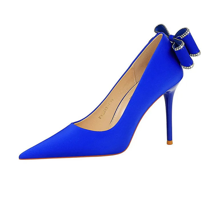 Designer Women's Pumps 20023 Satin Bow Shoes Female Sweet Stiletto Heels for Ladies