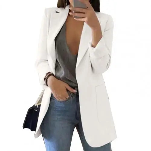 Summer Women Jacket Lapel All match Open Front Stylish Office Lady Slim Suit Overcoat Solid Color Long Blazer
