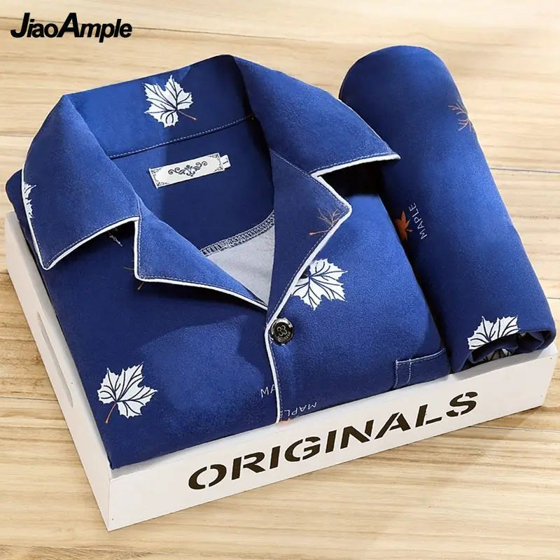 100% High-end Pajamas Men's Spring Autumn Striped Long-sleeved Trousers Pijamas Two-piece 2025 New Loose Nightwear Homewear Set